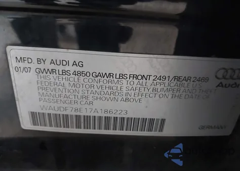 2007 Audi A4 2.0T z USA, uszkodzony, nr VIN WAUDF78E17A186223